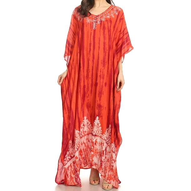 Womens Embroidered Kaftan Dress Rayon Hippi Boho Long Caftan Beach Dress-Red Womens Embroidered Kaftan Dress Rayon Hippi Boho Long Caftan Beach Dress-Red